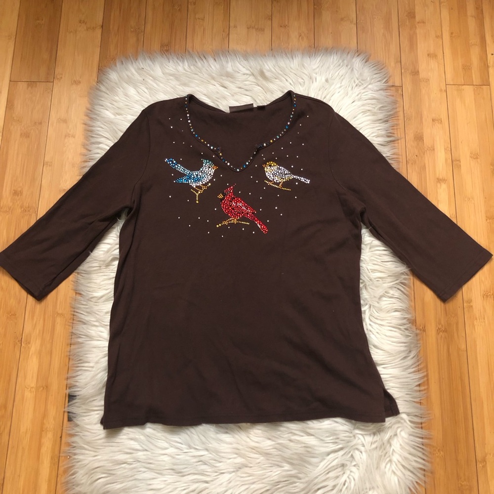Vintage Quacker Factory Rhinestone Birds Long Sleeves Brown Top Sweatshirt L